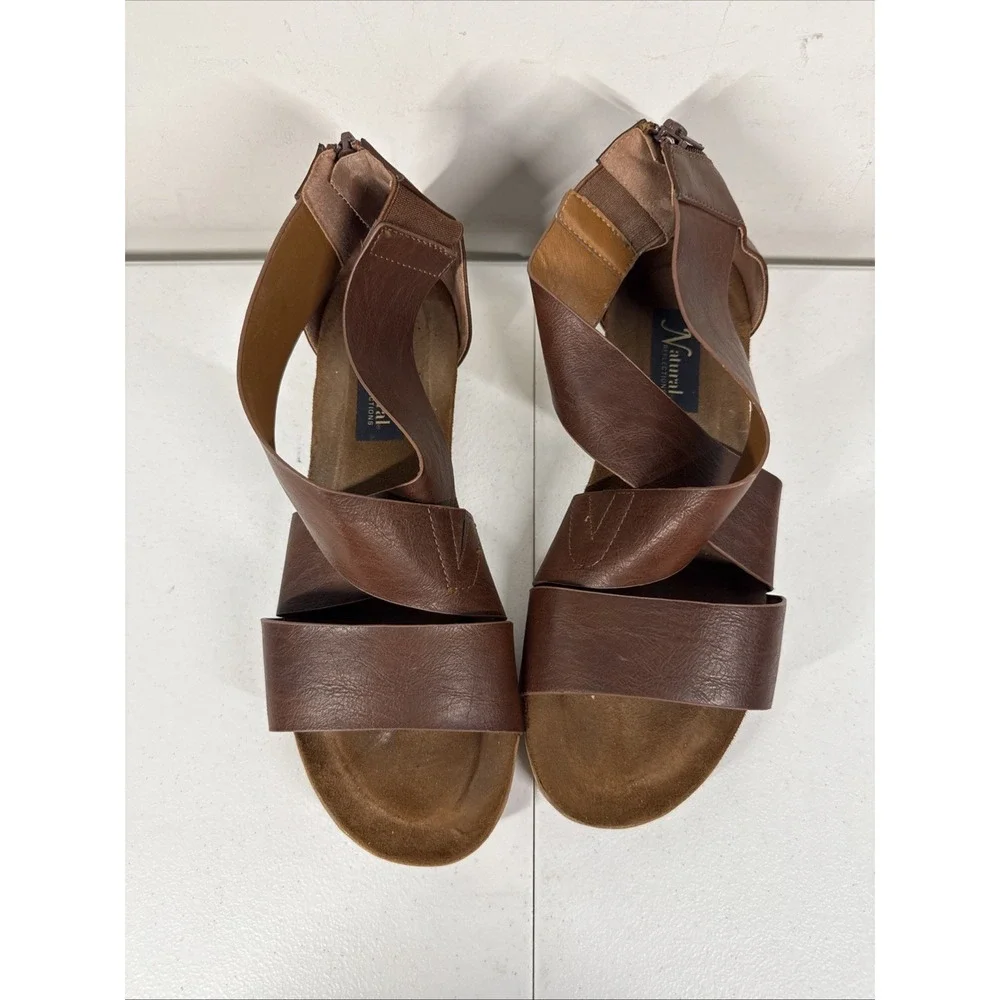 Natural Reflections Sinsee Wedge Sandals Women's 9 Whiskey Brown Faux‎ Leather